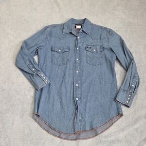 Vintage Y2K Denim Button Up Shirt Unisex Blue Small 1990s DKNY Long Sleeve